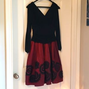 S.L. Fashions Red/Black Formal Beaded Long Sleeve Cold Shoulder Dress (S:12)
